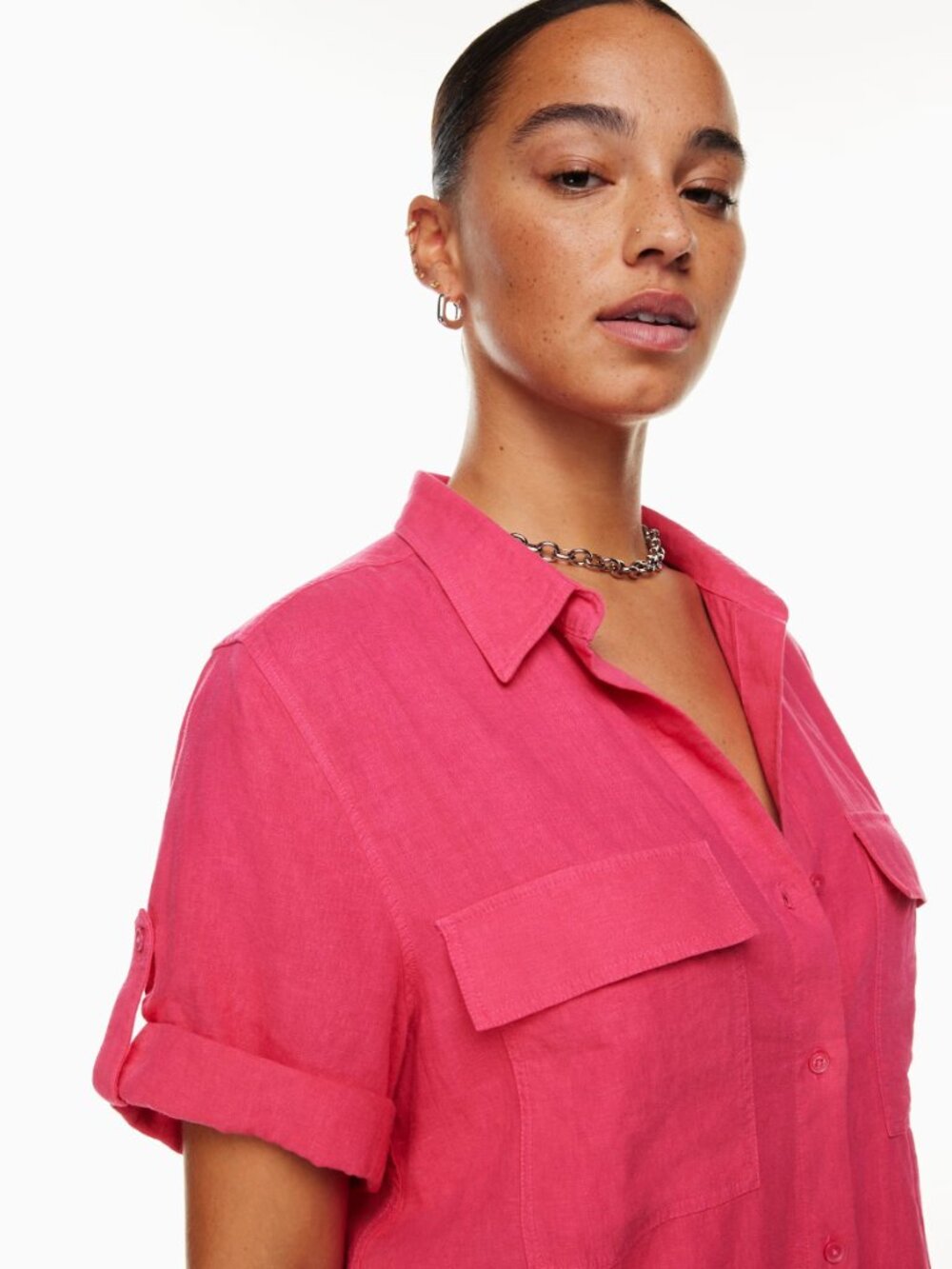 Aritzia BABATON Utility Pink Linen Short Sleeve Button Up Shirt Blouse, Size XS - Picture 15 of 16